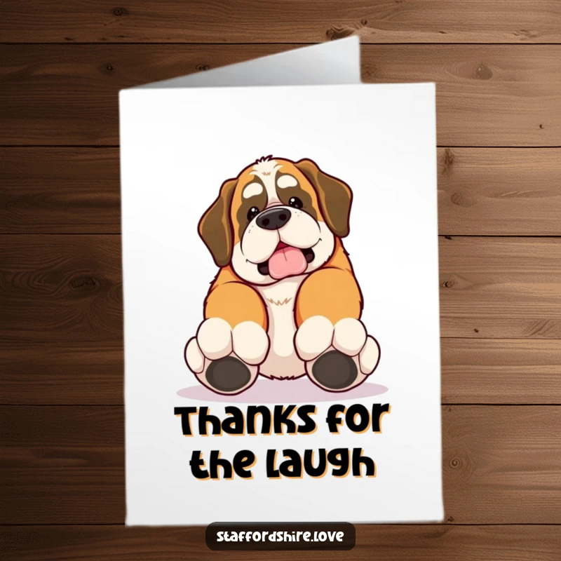 Funny Free Printable Thank You Card: A kawaii Saint Bernard trips adorably, conveying grateful thanks with a comical stumble, downloadable art.