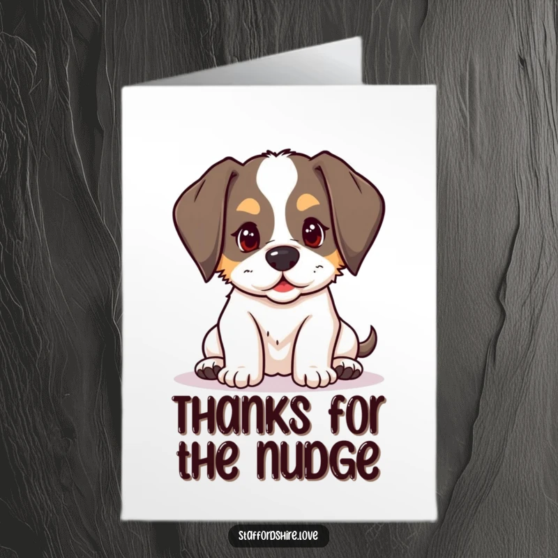 Funny Free Printable Thank You Card: Kawaii Staffordshire puppy with floppy ears nudging affectionately, a perfect puppy-kiss thank you, downloadable.