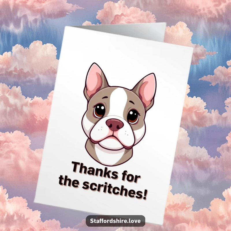 Funny Free Printable Thank You Card: Kawaii Staffordshire Bull Terrier with a curious head tilt, expressing sweet gratitude.