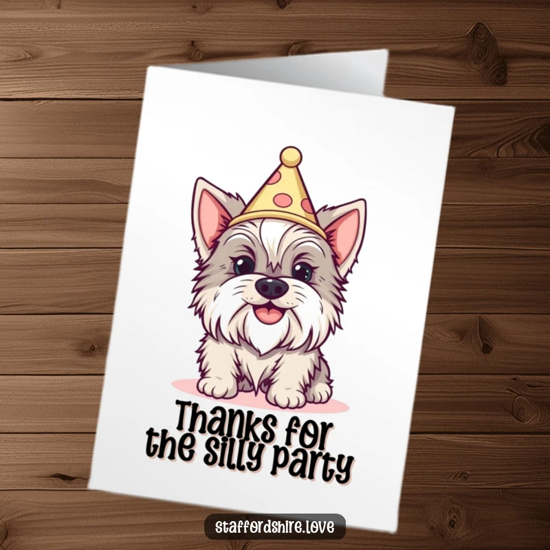 Funny Free Printable Thank You Card shows a Staffy with a silly grin wearing a tiny cone hat, offering a comical thanks.