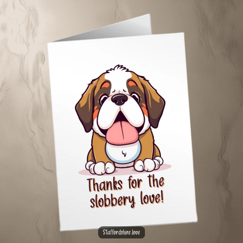 Funny Free Printable Thank You Card: A sweet kawaii Saint Bernard offering a slobbery toy, expressing thanks with joy.