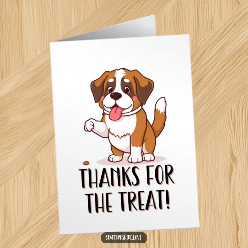 Funny Free Printable Thank You Card: A Saint Bernard leaping joyfully with a wagging tail, eager for a tasty treat.