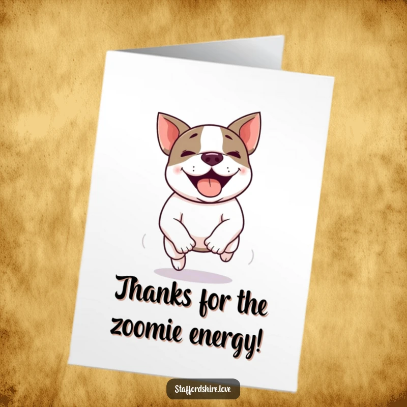 Funny Free Printable Thank You Card: A cheerful Kawaii Staffy Bull Terrier doing a zoomie, conveying thanks with infectious energy.