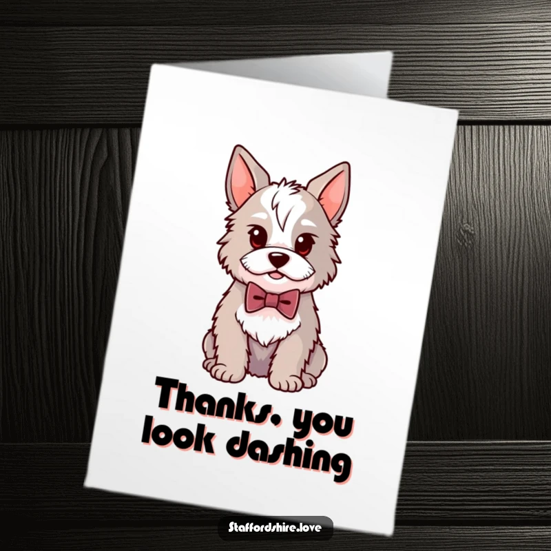 Funny Free Printable Thank You Card: Kawaii Staffordshire dog in a bowtie sits proudly, offering heartfelt thanks.