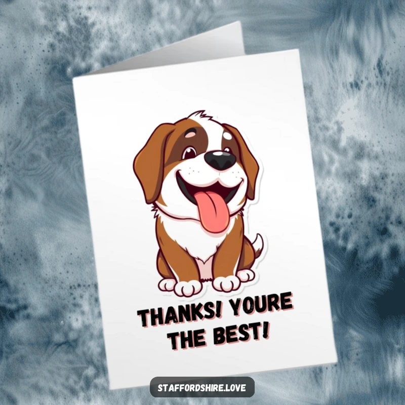 Funny Free Printable Thank You Card: Happy Kawaii Saint Bernard panting with a wide grin, expressing thanks.