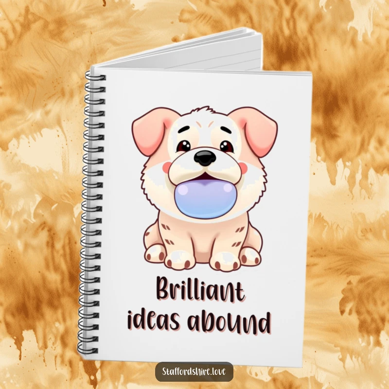 Funny Kawaii Staffordshire notebook featuring an enthusiastic dog offering a slobbery toy, perfect for jotting down notes playfully.