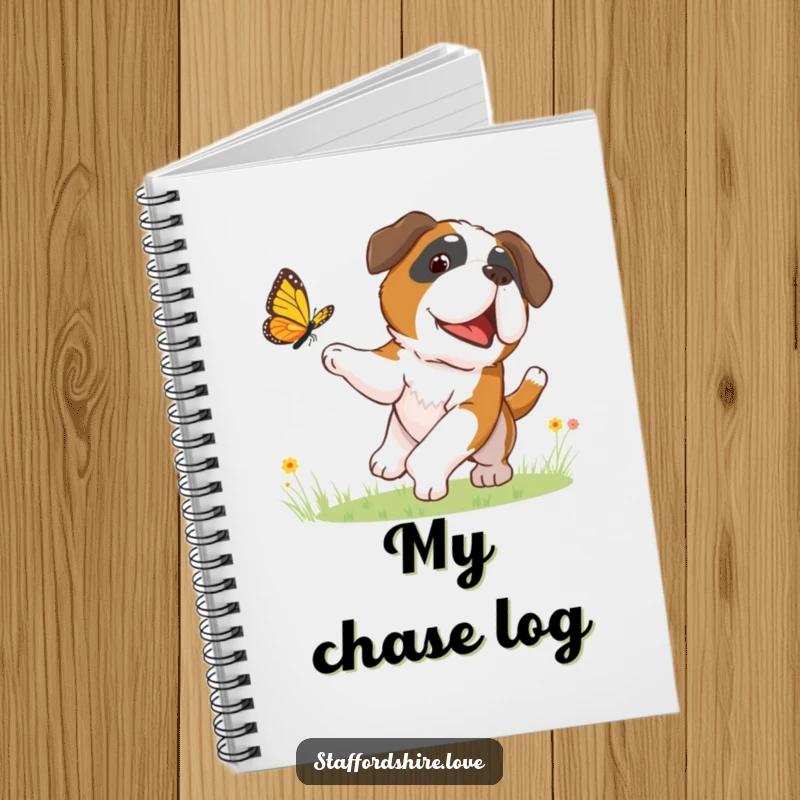 Funny notebook cover with a Saint Bernard dog playfully chasing a butterfly, great for jotting down fun ideas and notes.
