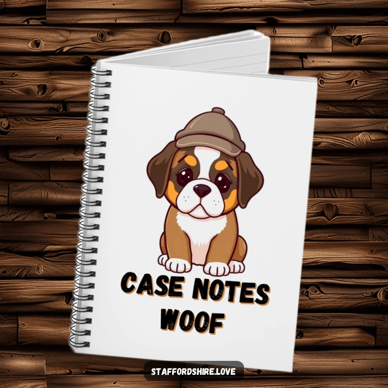 Funny notebook cover with a Saint Bernard puppy in a detective hat, ready to record all your important, and perhaps funny, discoveries.