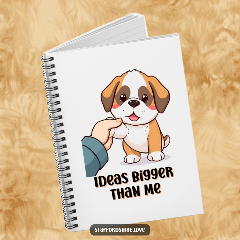 Funny Saint Bernard notebook with a cute Kawaii dog nudging a hand, perfect for students, writers, and dog enthusiasts.