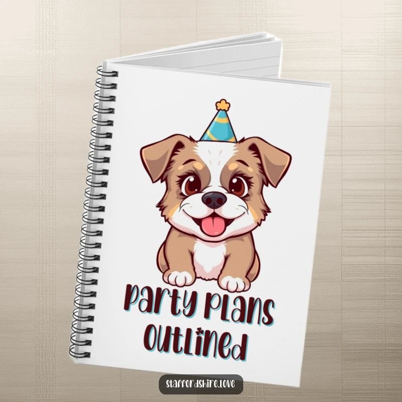 Funny notebook with a Staffordshire dog in a party hat, looking excited, encouraging fun writing.
