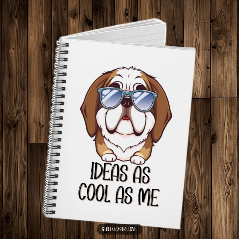 Funny Saint Bernard notebook with a large dog sporting a goofy expression while trying to wear mini sunglasses, great for notes.