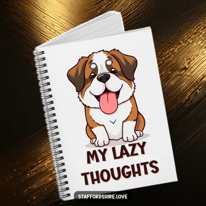 Funny Saint Bernard notebook cover with a dog sighing happily, tongue lolling lazily, perfect for jotting down thoughts with humor.