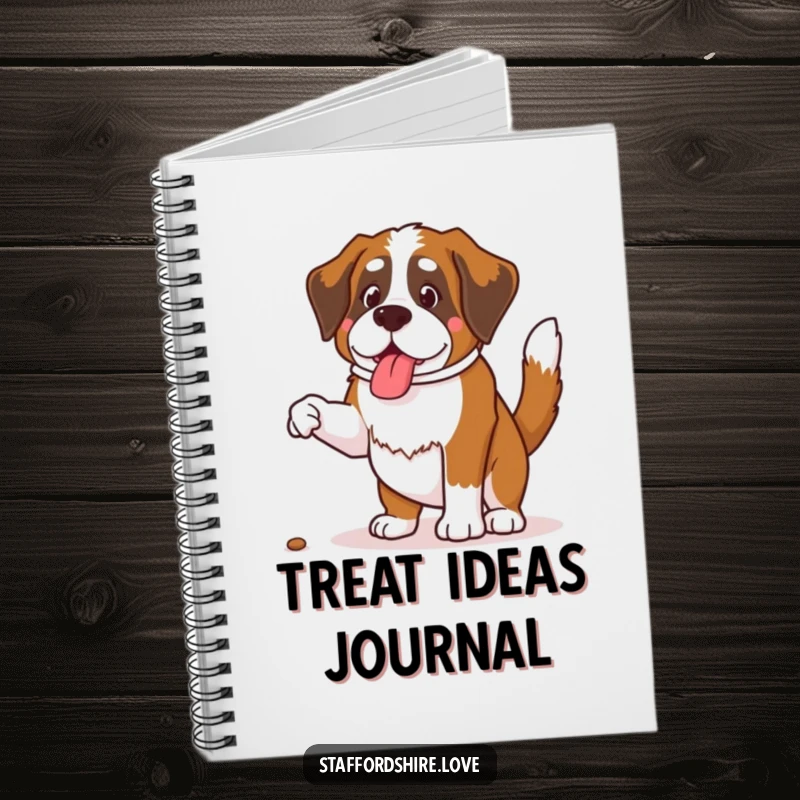 Funny Saint Bernard notebook cover featuring a dog with a wagging tail jumping for a treat, ideal for note-taking.
