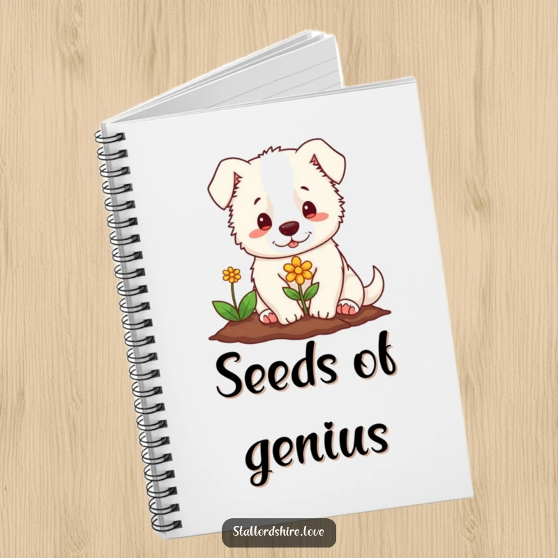 Funny notebook cover featuring a gentle Staffordshire character planting a tiny, colorful flower. Encourages calm and creative writing.