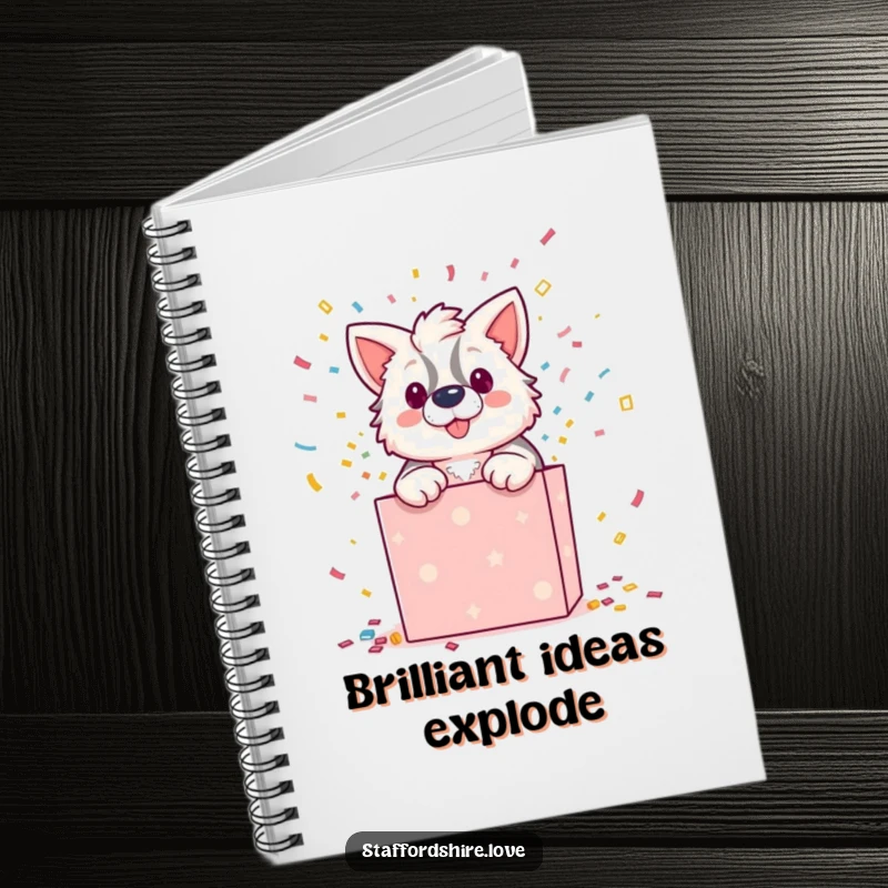 Funny notebook cover featuring a Staffordshire character explosively exiting a gift box with confetti, encouraging creative writing.
