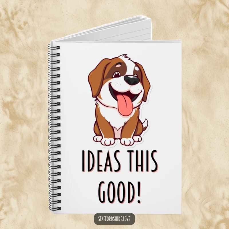 Funny Kawaii Saint Bernard notebook with a happy, panting dog and a wide grin, ideal for notes and as a funny gift.
