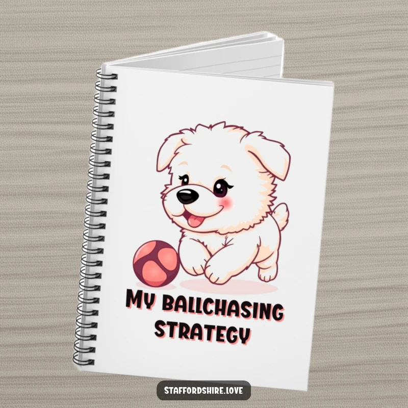 Funny, fluffy Staffordshire puppy with rosy cheeks, playfully chasing a bouncing ball on the cover of a lined notebook.