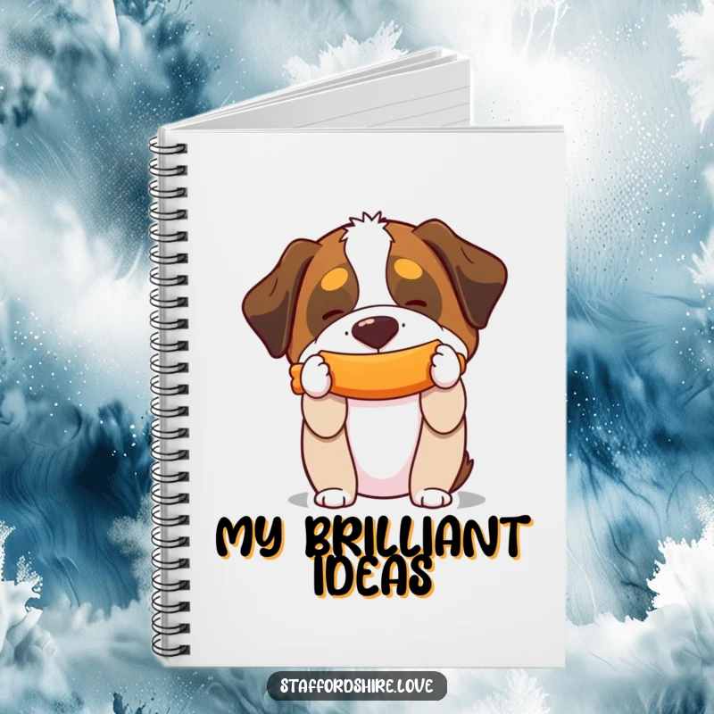 Funny notebook featuring a Saint Bernard balancing a squeaky toy on its snout, perfect for capturing ideas.