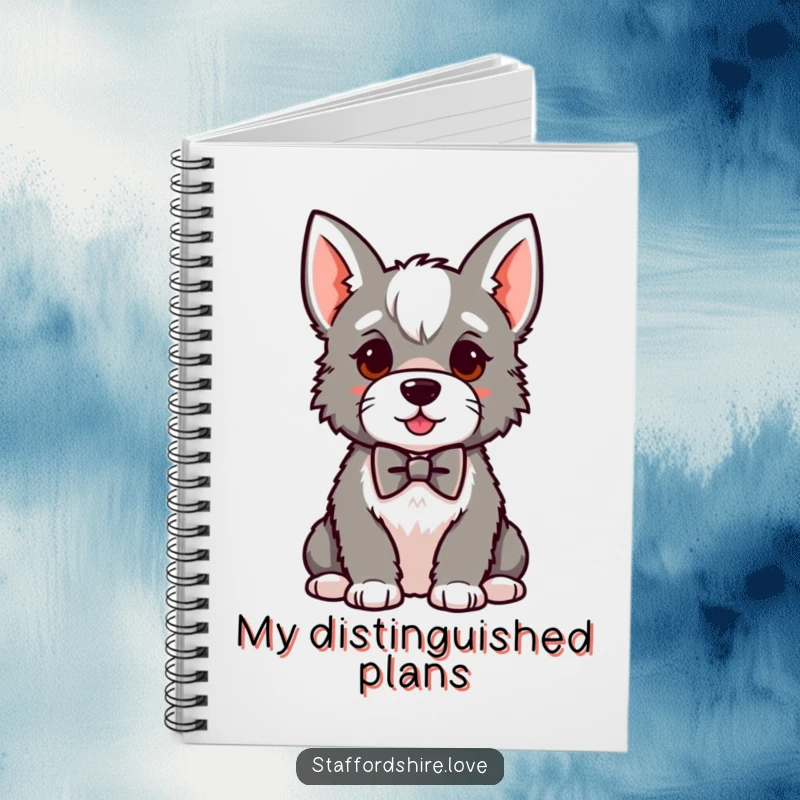 Funny kawaii Staffordshire notebook, featuring a proud dog sitting in a small bowtie, perfect for journaling, notes, and sophisticated scribbles.