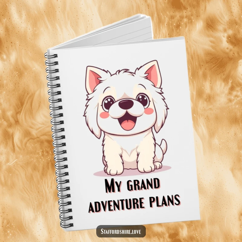 Funny Notebook with a Kawaii Staffordshire dog illustration, featuring excited wide eyes, ready to jot down ideas.