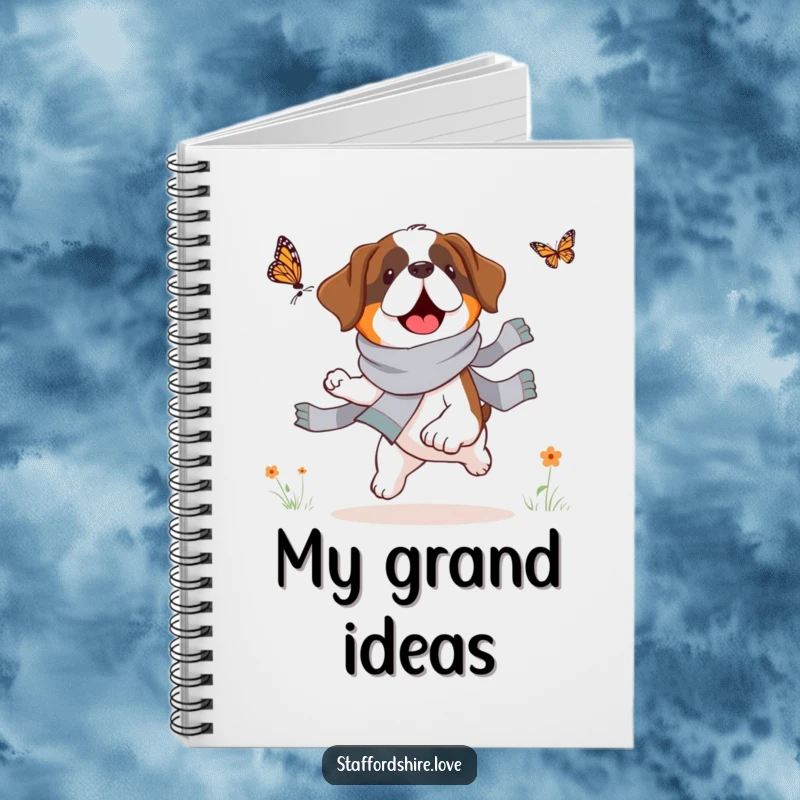 Funny Saint Bernard notebook, lined pages, featuring a dog in a scarf chasing a butterfly, ideal for students and artists.