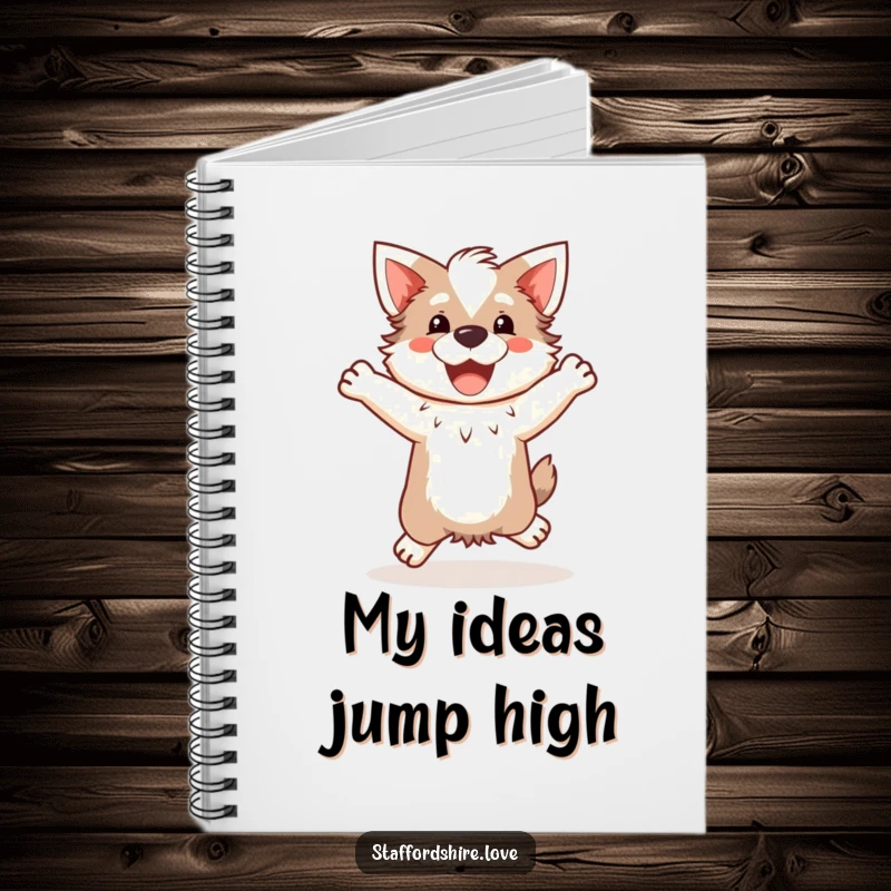 Funny Kawaii Staffordshire Notebook, showcasing a cute Staffy doing a happy, clumsy jump, perfect for journaling and note-taking.