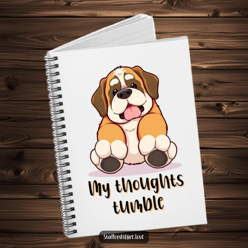 Funny notebook with a kawaii Saint Bernard tripping over its own large paws, great for notes.