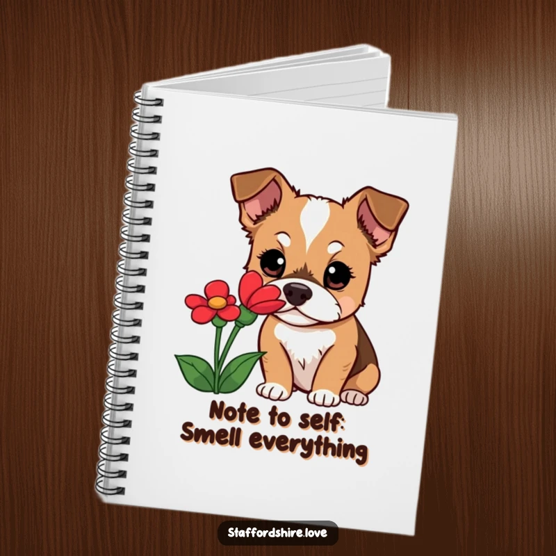 Funny Staffordshire dog notebook with a curious dog looking wide-eyed at a red flower, perfect for jotting down observations.