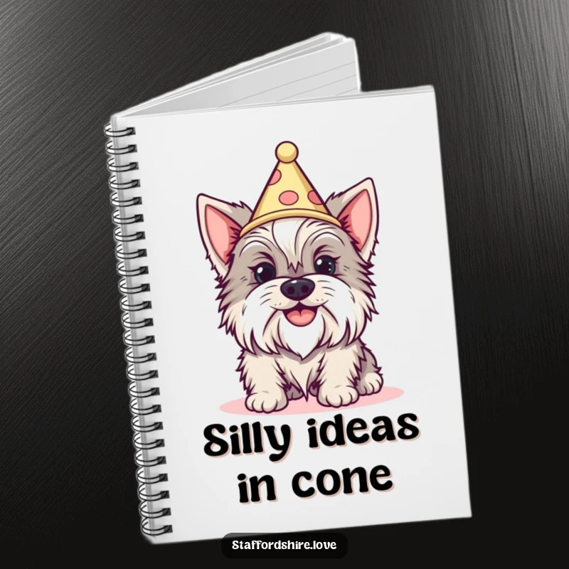 Funny Staffordshire dog with a silly grin wearing a tiny cone hat on a notebook. Perfect gift.
