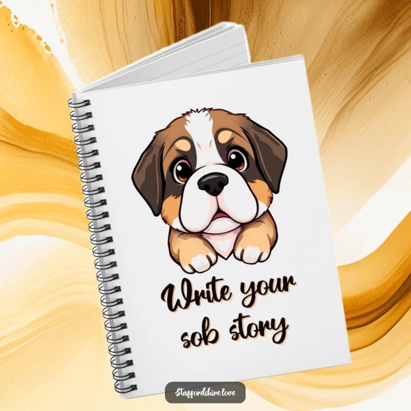 Funny Saint Bernard puppy notebook cover with a puppy's head tilted and large, pleading eyes, perfect for jotting notes with a smile.