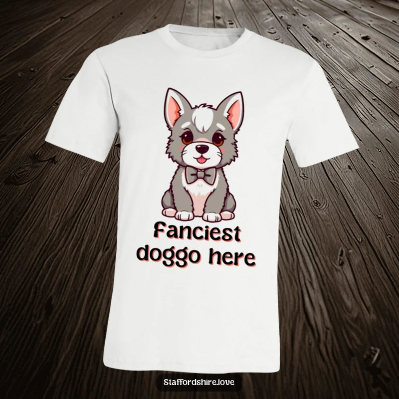 Funny kawaii Staffordshire t-shirt, depicting a proud dog sitting in a small bowtie, perfect for expressing sophisticated, funny style.