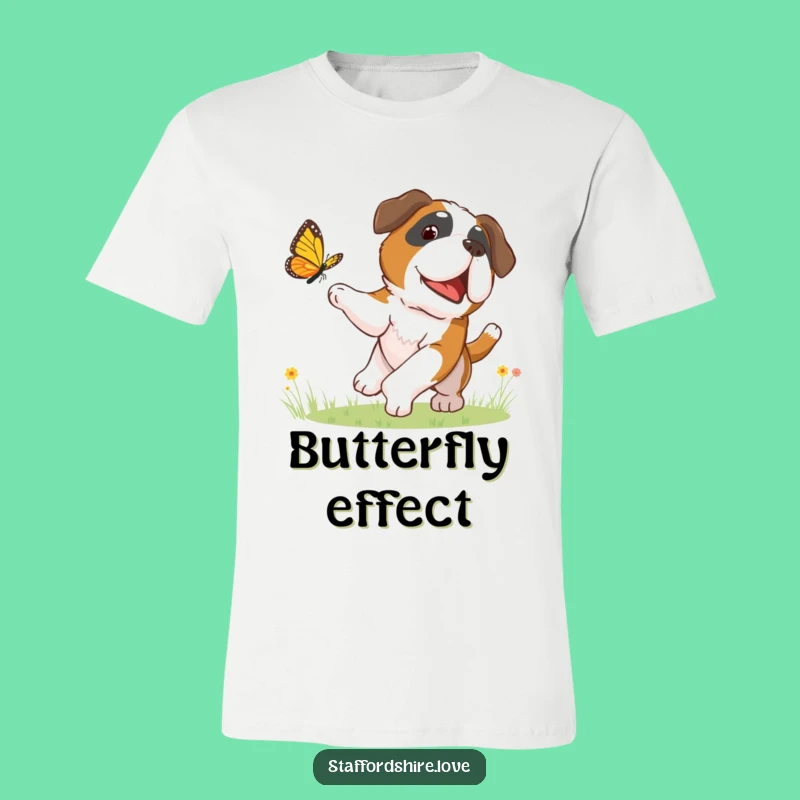 Funny Butterfly Chasing Saint Bernard T-Shirt - Playful Dog Tee Gift