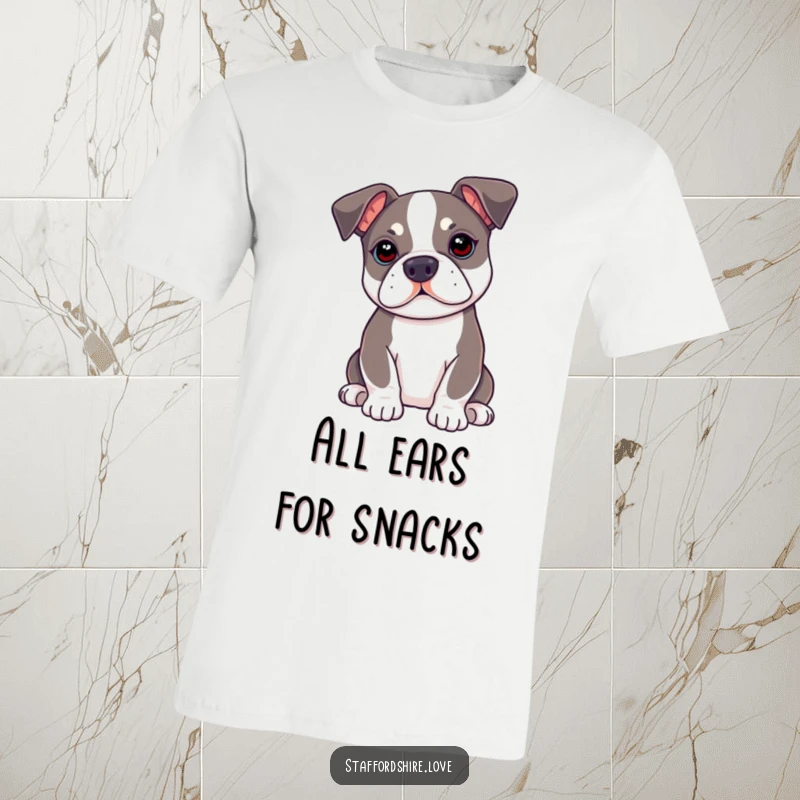 Funny kawaii Staffordshire Bull Terrier t-shirt with ears perked up, perfect for expressing an attentive and eager personality.