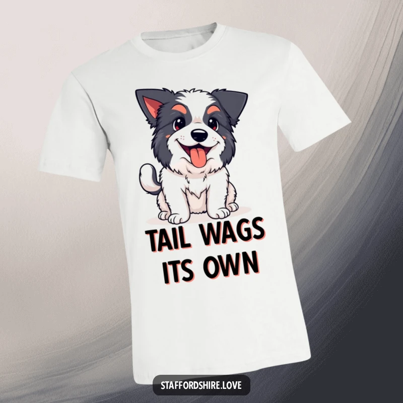 Funny kawaii Staffordshire t-shirt, showing a happy dog panting with a wagging tail, perfect for expressing pure, funny canine cheer.