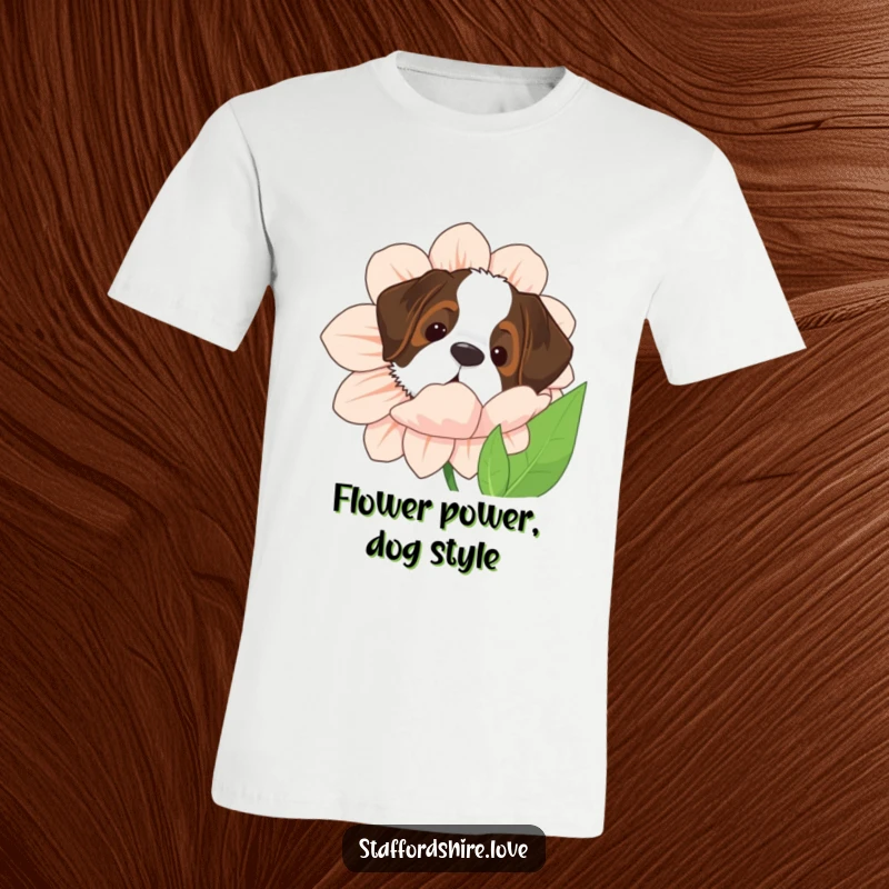 Funny Saint Bernard t-shirt with the dog peeking from behind a massive flower, showcasing a playful and loving nature.