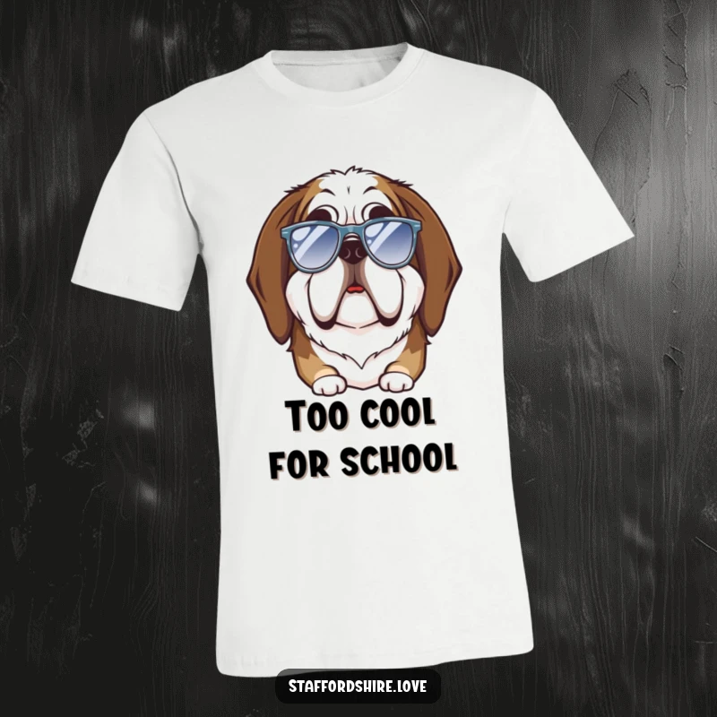 Funny Saint Bernard t-shirt featuring a large dog with a funny, goofy expression wearing tiny sunglasses, ideal for casual wear.