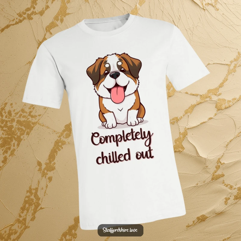 Funny Saint Bernard t-shirt with a dog in a happy sigh pose, tongue lolling out lazily, perfect for a humorous, relaxed look.