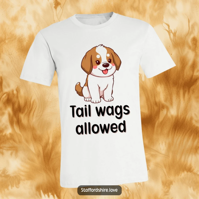 Funny Saint Bernard T-Shirt showcasing a dog with a fluffy tail swaying enthusiastically, depicting vibrant energy and playful excitement.