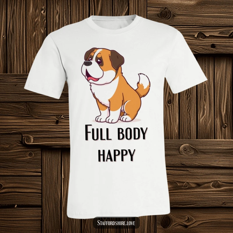 Funny t-shirt depicting a Saint Bernard whose enthusiastic tail wags result in full-body wiggles, showcasing pure canine happiness.