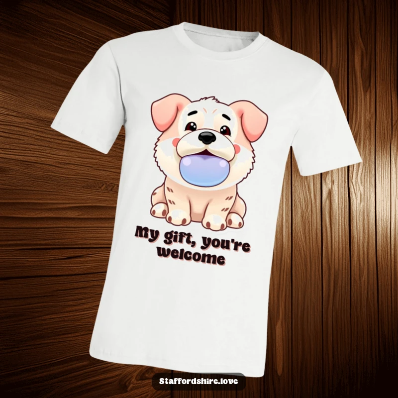 Funny Kawaii Staffordshire t-shirt showing an enthusiastic dog proudly offering a very slobbery toy, perfect for dog lovers.