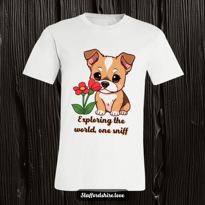 Funny Staffordshire dog t-shirt featuring a curious dog with wide eyes, captivated by sniffing a bright red flower, a moment of pure wonder.