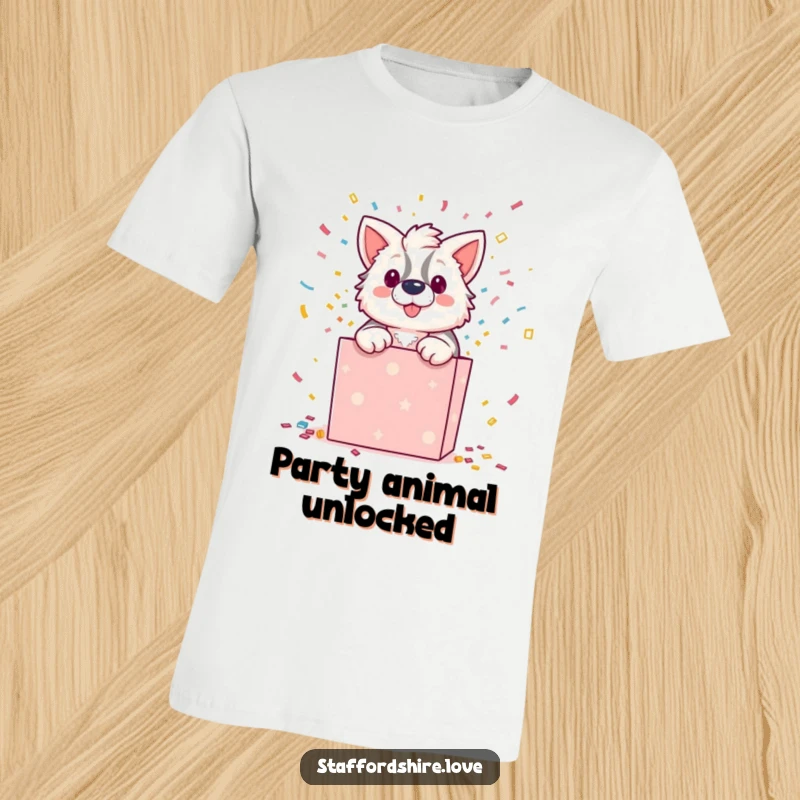 Funny t-shirt with a Staffordshire character dramatically exploding from a gift box amidst flying confetti. A humorous, celebratory design.