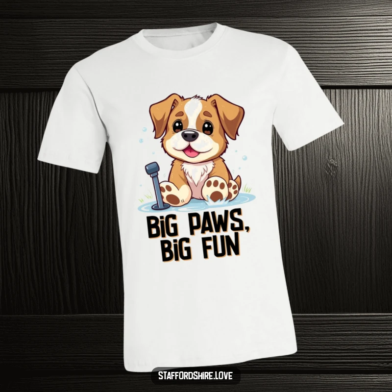 Funny Staffordshire dog with oversized paws playing in a sprinkler on a t-shirt. Ideal gift.