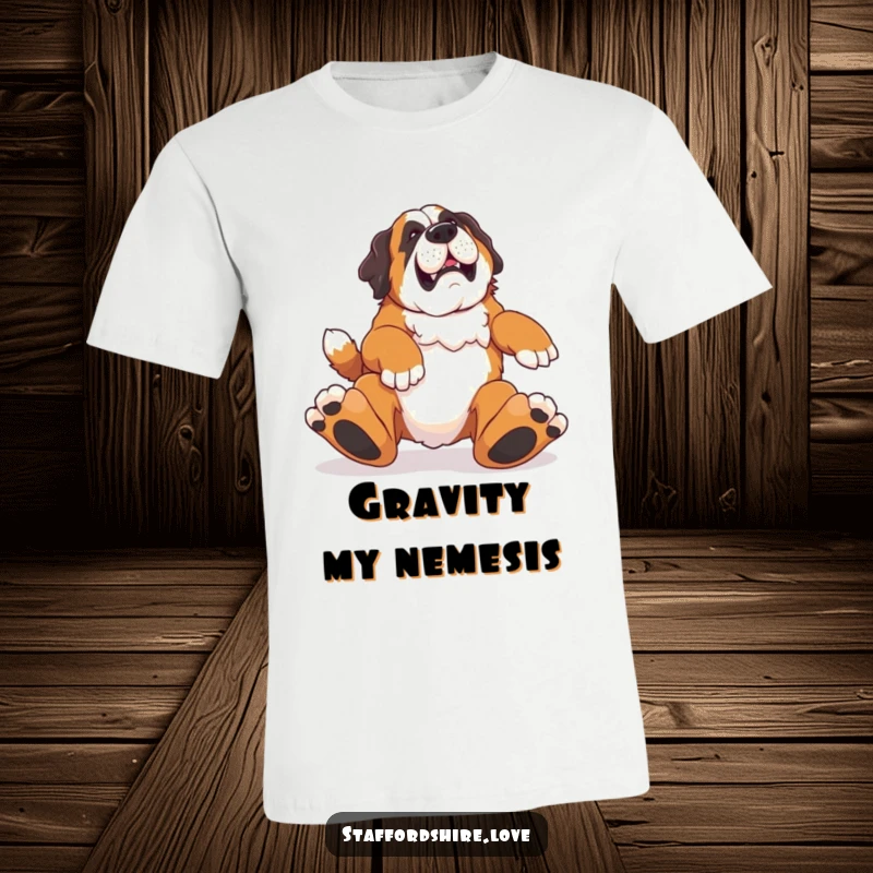 Funny t-shirt depicting a Saint Bernard comically tripping over its large paws, showcasing adorable canine klutziness.