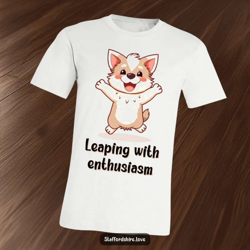 Funny Kawaii Staffordshire T-Shirt, depicting a cute Staffy doing a happy, clumsy jump, ideal for dog lovers who appreciate playful energy.