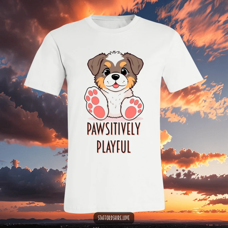 Funny kawaii Staffordshire t-shirt, depicting a pup with big paws reaching for a toy, perfect for expressing playful, funny spirit.