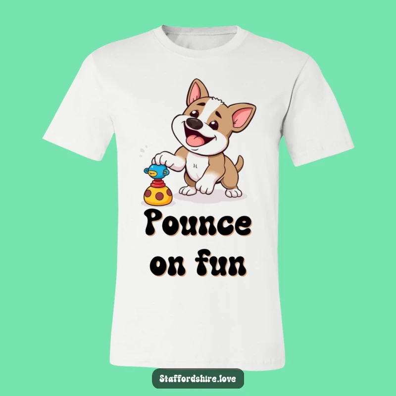 Funny Pounce Staffy T-Shirt: Playful Toy Chase, Energetic Dog Style, Funny!