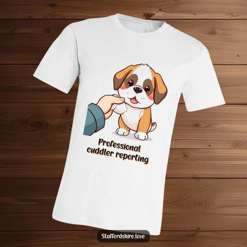 Funny Saint Bernard t-shirt displaying a heartwarming Kawaii dog nudging a friendly hand, perfect for expressing love for gentle giants.