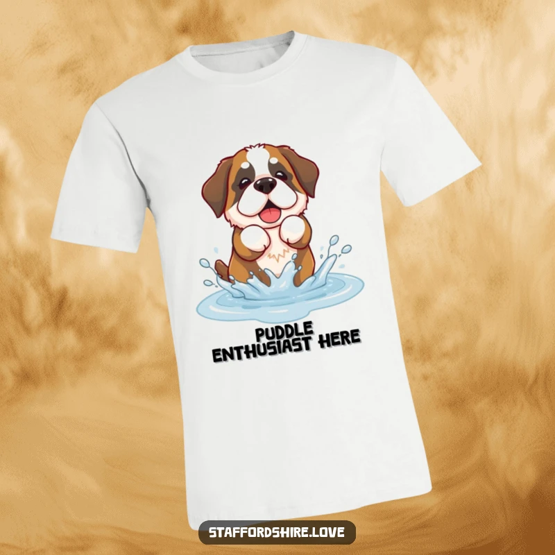 Funny t-shirt featuring a kawaii Saint Bernard dog joyfully splashing in a puddle, full of puppy energy.