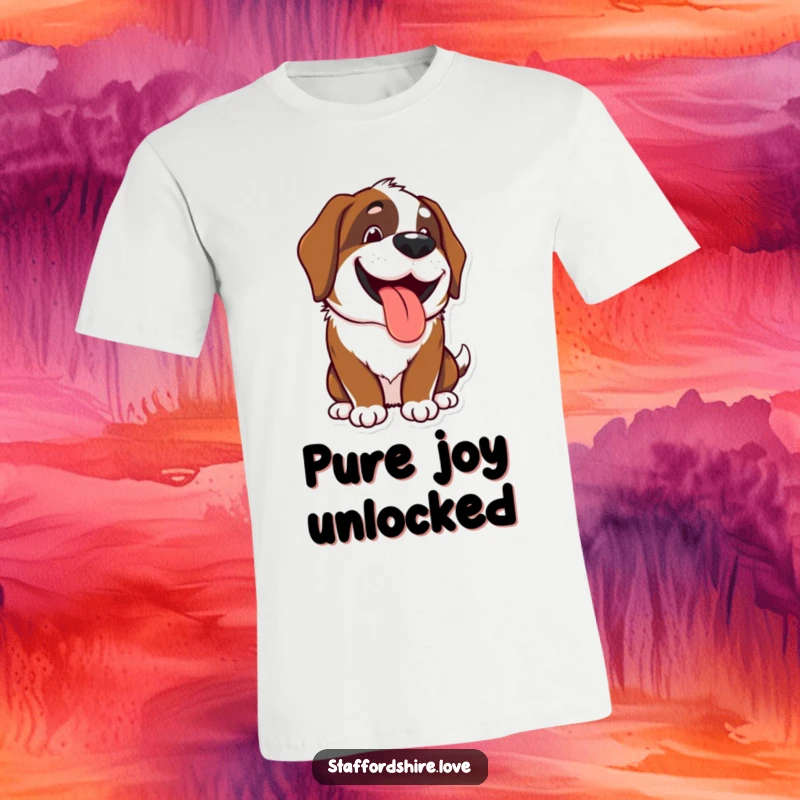 Funny Kawaii Saint Bernard t-shirt showing a happy, panting dog with a wide grin, ideal for pet owners and as a funny gift.